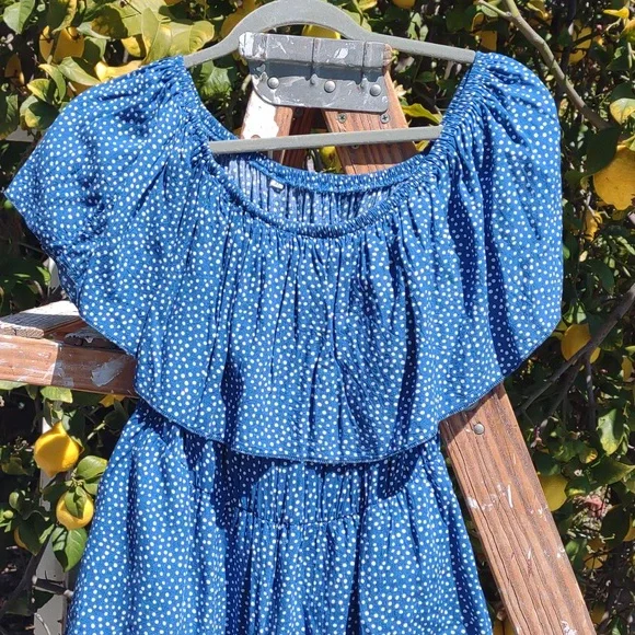 Blue Polka-Dot Tiered Peasant Dress L - Picture 3 of 8